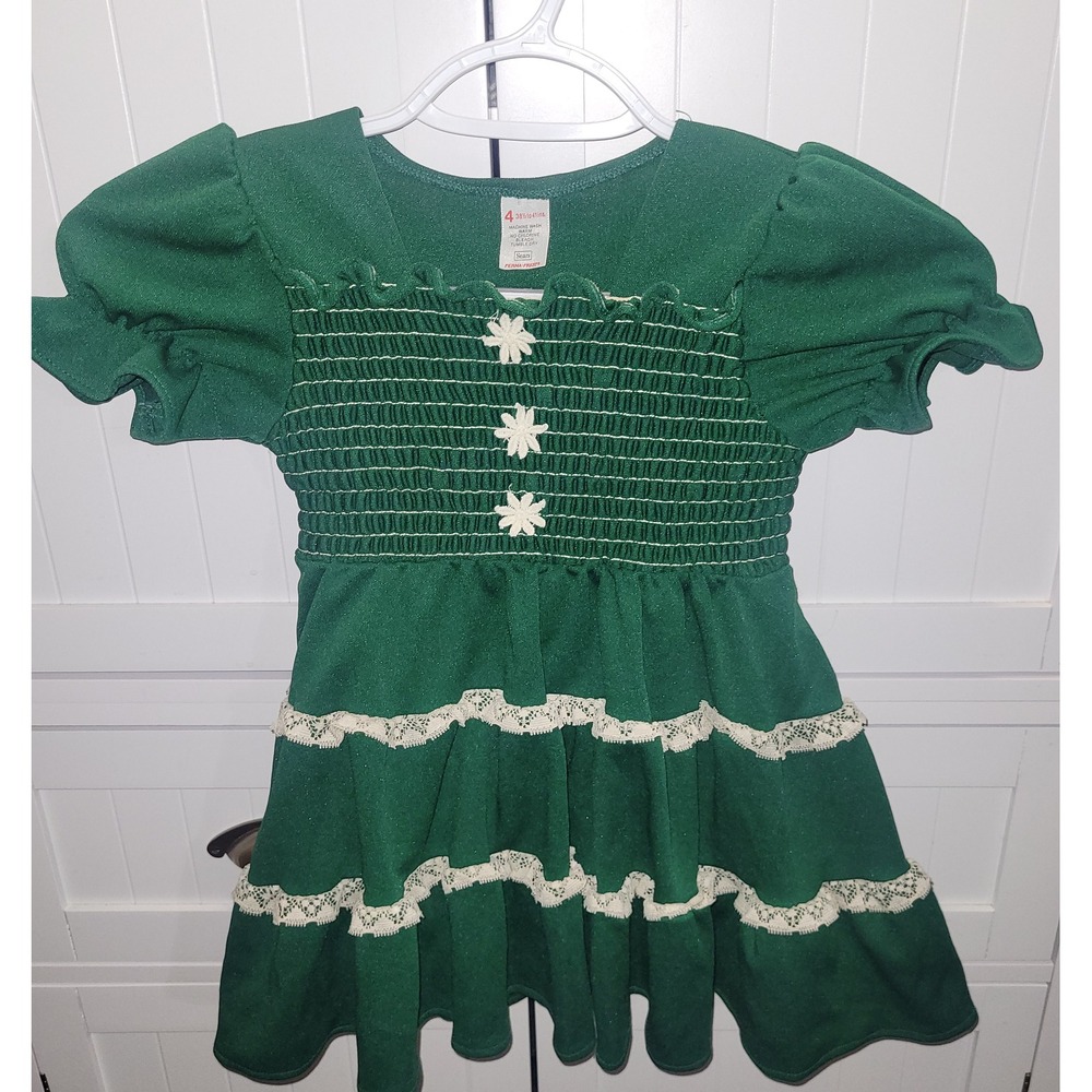 Vintage Sears Perma-Prest Green Smocked Lace Tiered Dress Girls Size 4 Retro